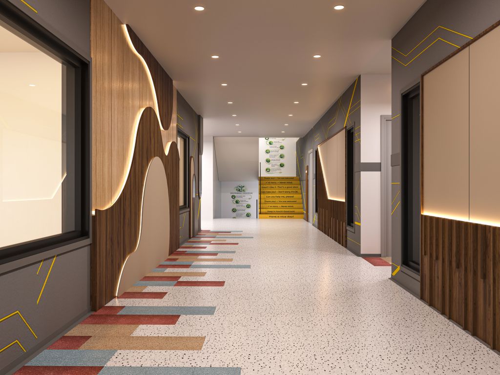Stylish school hallway interior with colorful flooring and illuminated wall decor.