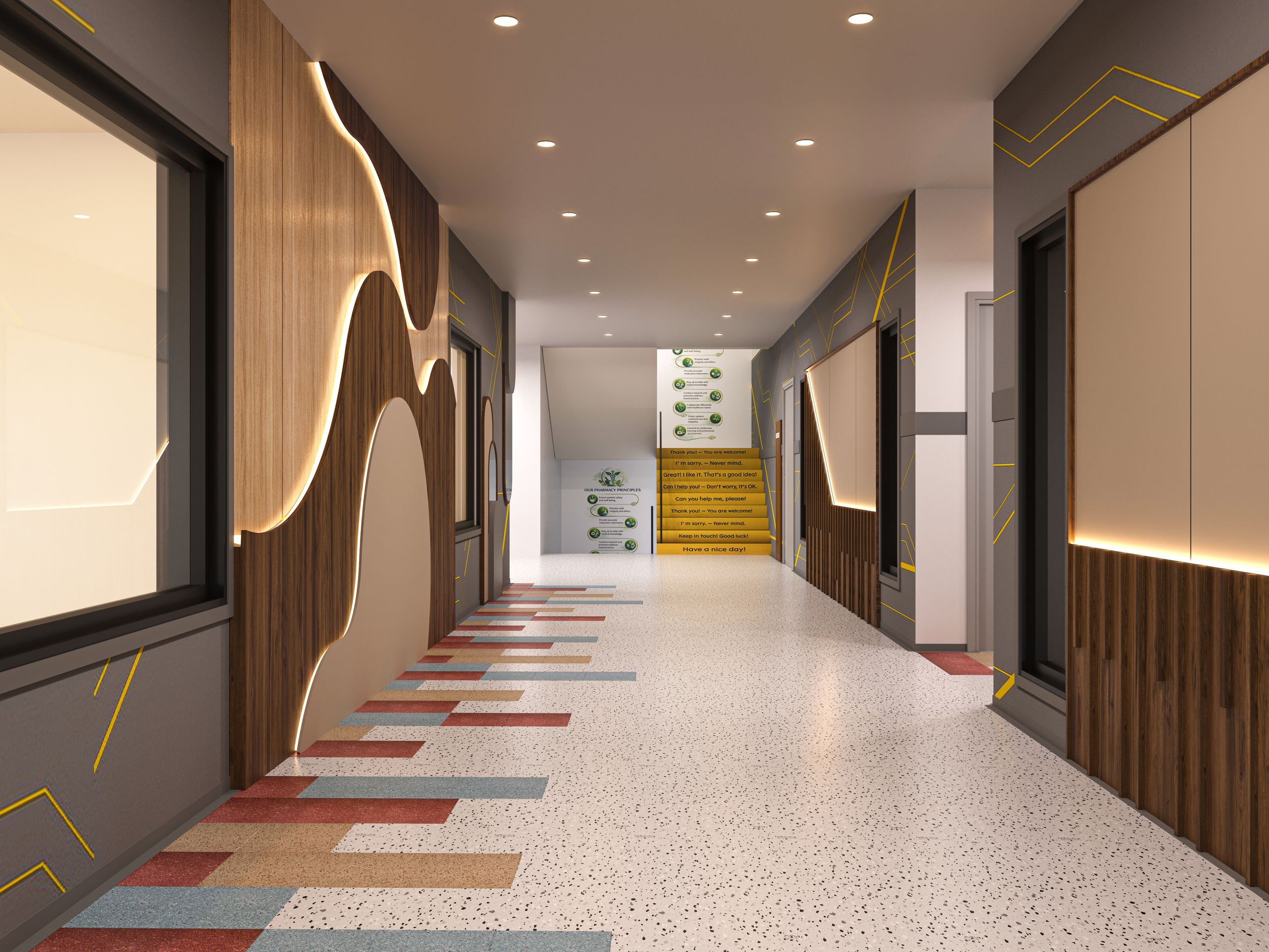 Stylish school hallway interior with colorful flooring and illuminated wall decor.