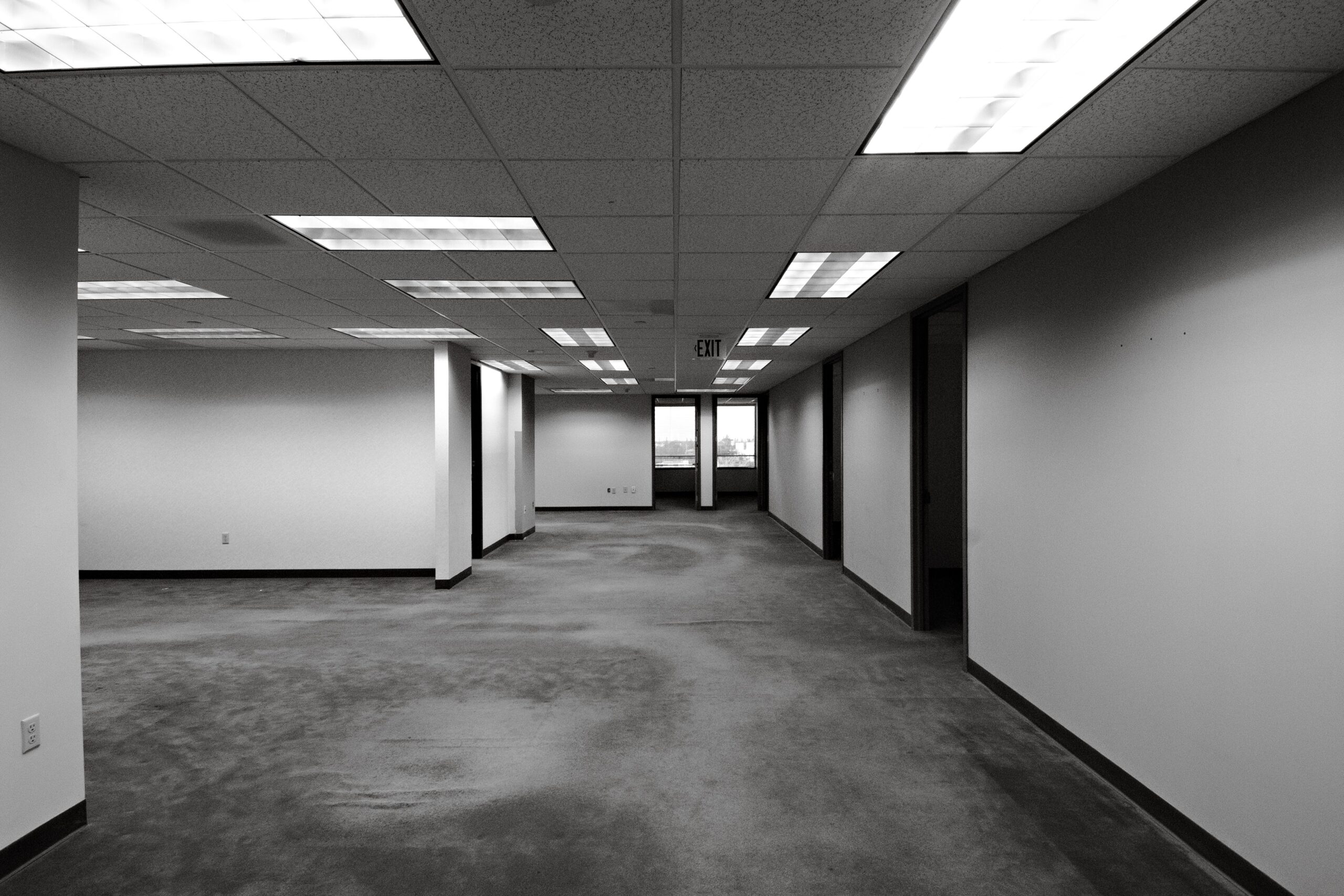 Empty office space with grey carpet tile flooring